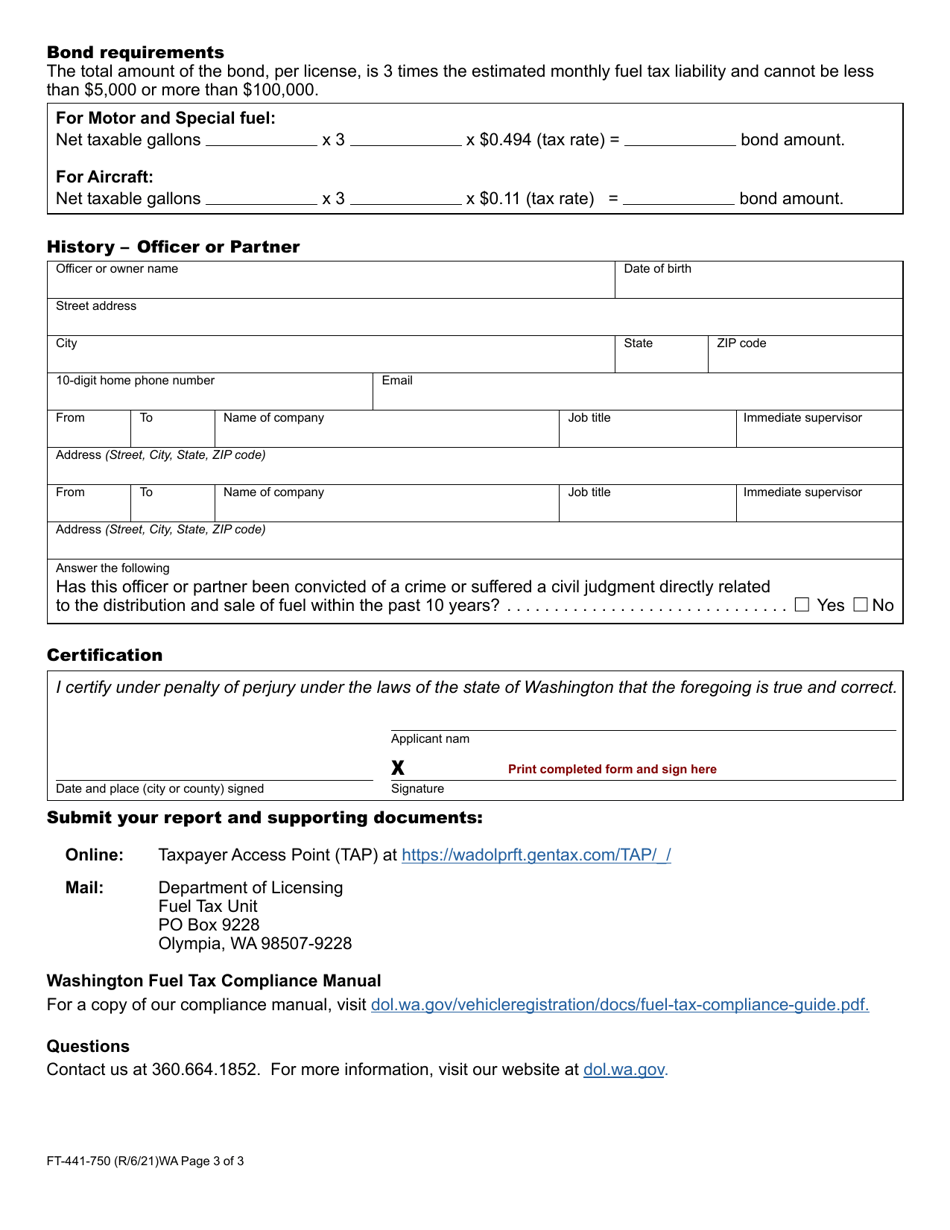 Form FT-441-750 Fuel Tax Application - Washington, Page 3