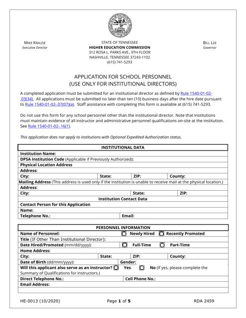 Form HE-0013 Application for School Personnel - Tennessee