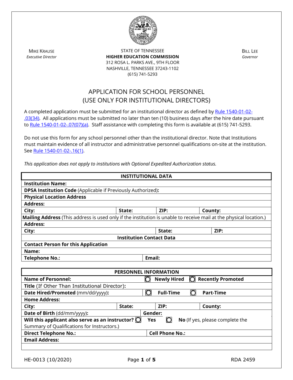 Form HE-0013 Application for School Personnel - Tennessee, Page 1