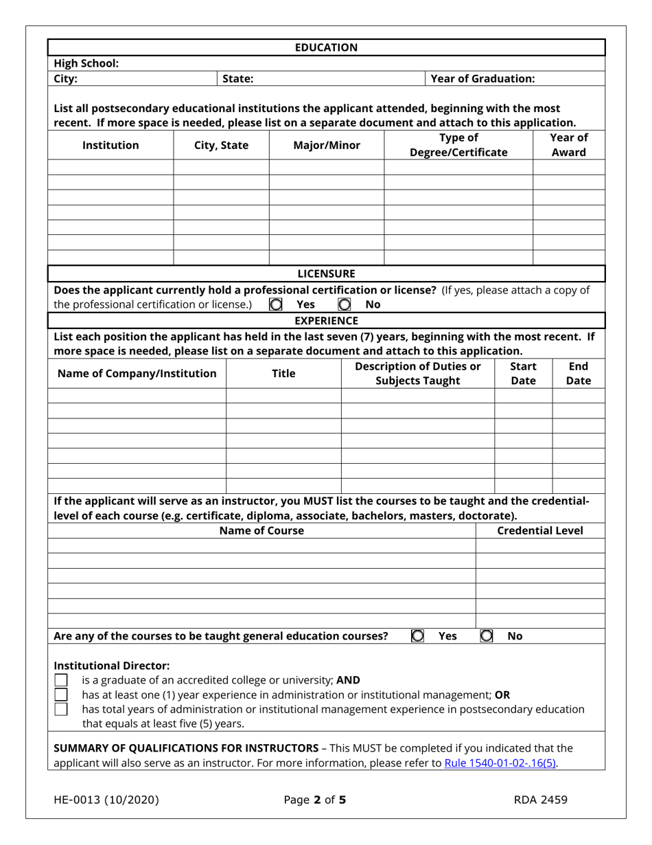 Form HE-0013 Application for School Personnel - Tennessee, Page 2