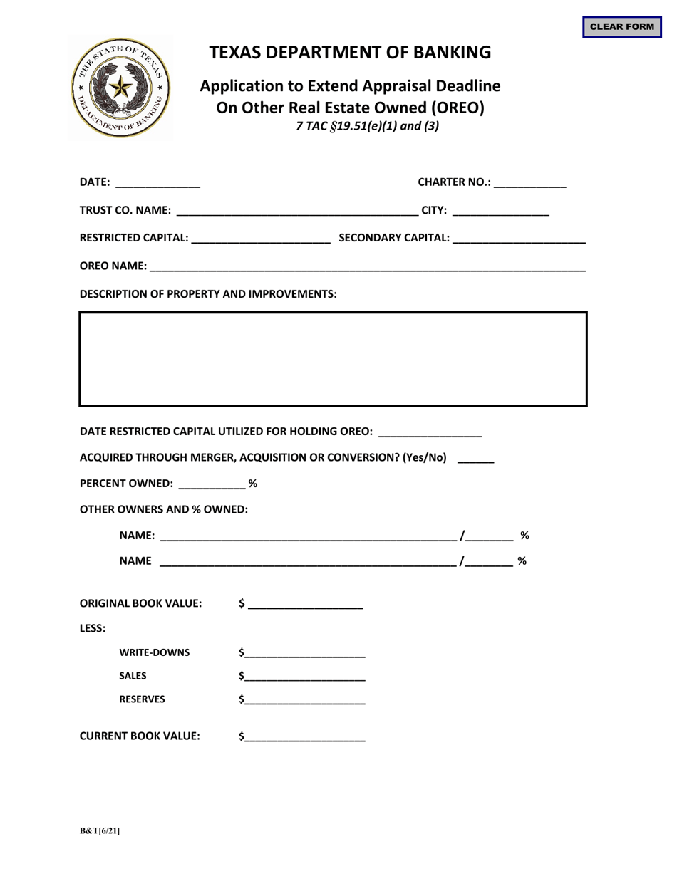 Form BT Application to Extend Appraisal Deadline on Other Real Estate Owned (Oreo) - Texas, Page 1