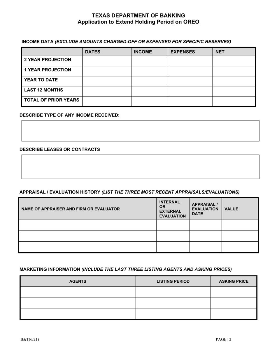 Application to Extend Holding Period on Other Real Estate Owned (Oreo) for Banks - Texas, Page 2