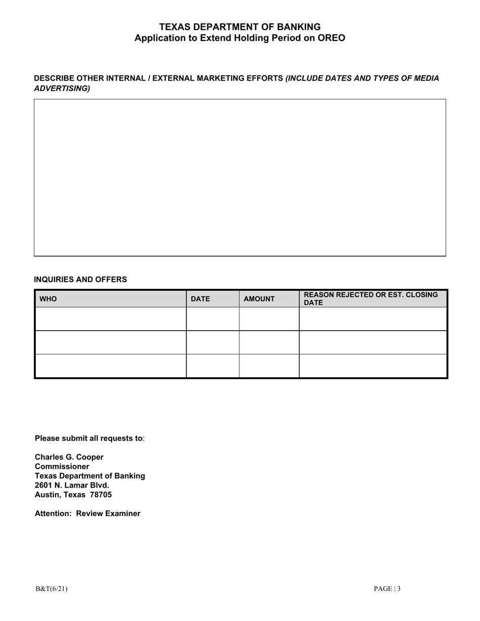 Application to Extend Holding Period on Other Real Estate Owned (Oreo) for Banks - Texas, Page 3