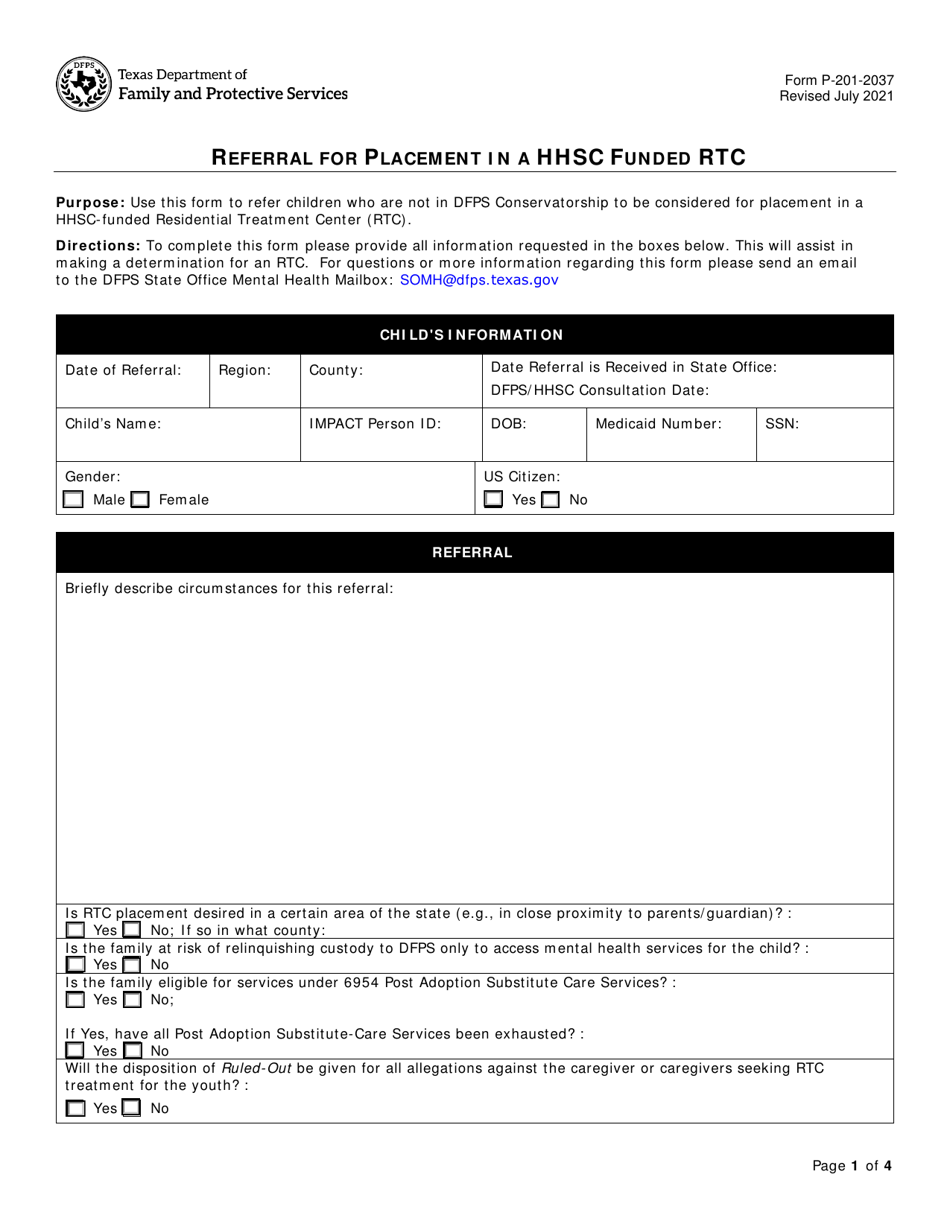Form P-201-2037 Referral for Placement in a Hhsc Funded Rtc - Texas, Page 1