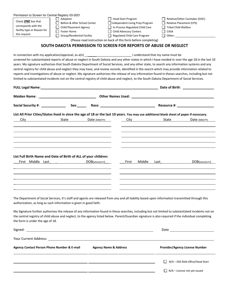 Form CPS-593 South Dakota Permission to Screen for Reports of Abuse or Neglect - South Dakota, Page 1