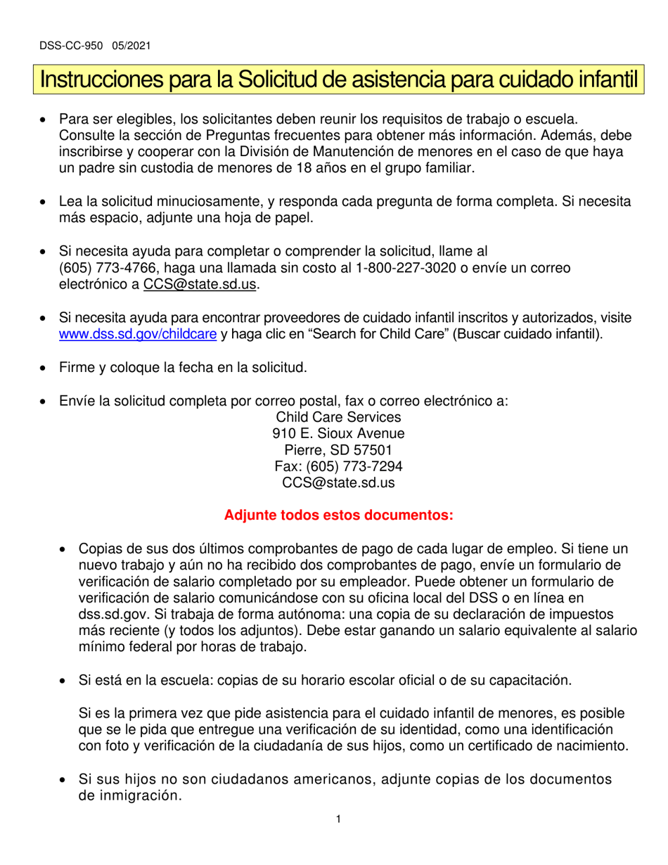 Formulario CCS-950 Solicitud De Asistencia Para Cuidado Infantil - South Dakota (Spanish), Page 1