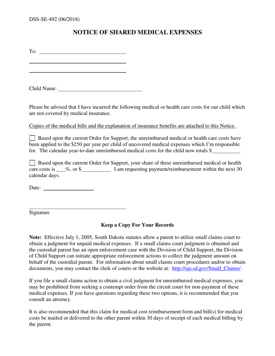 Form DSS-SE-492 Notice of Shared Medical Expenses - South Dakota, Page 1