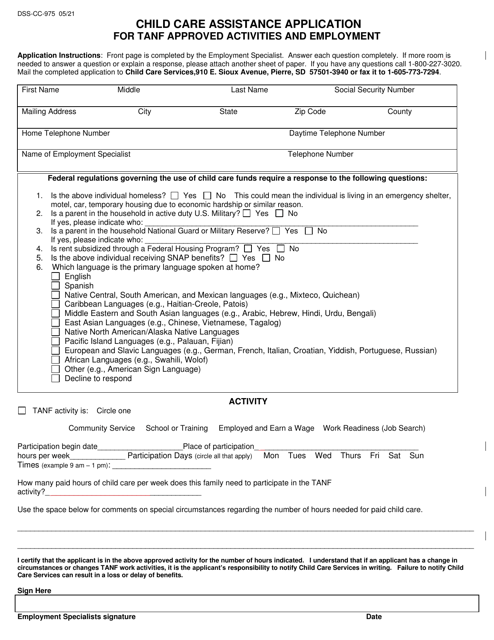 Form DSS-CC-975 Child Care Assistance Application for TANF Approved Activities and Employment - South Dakota