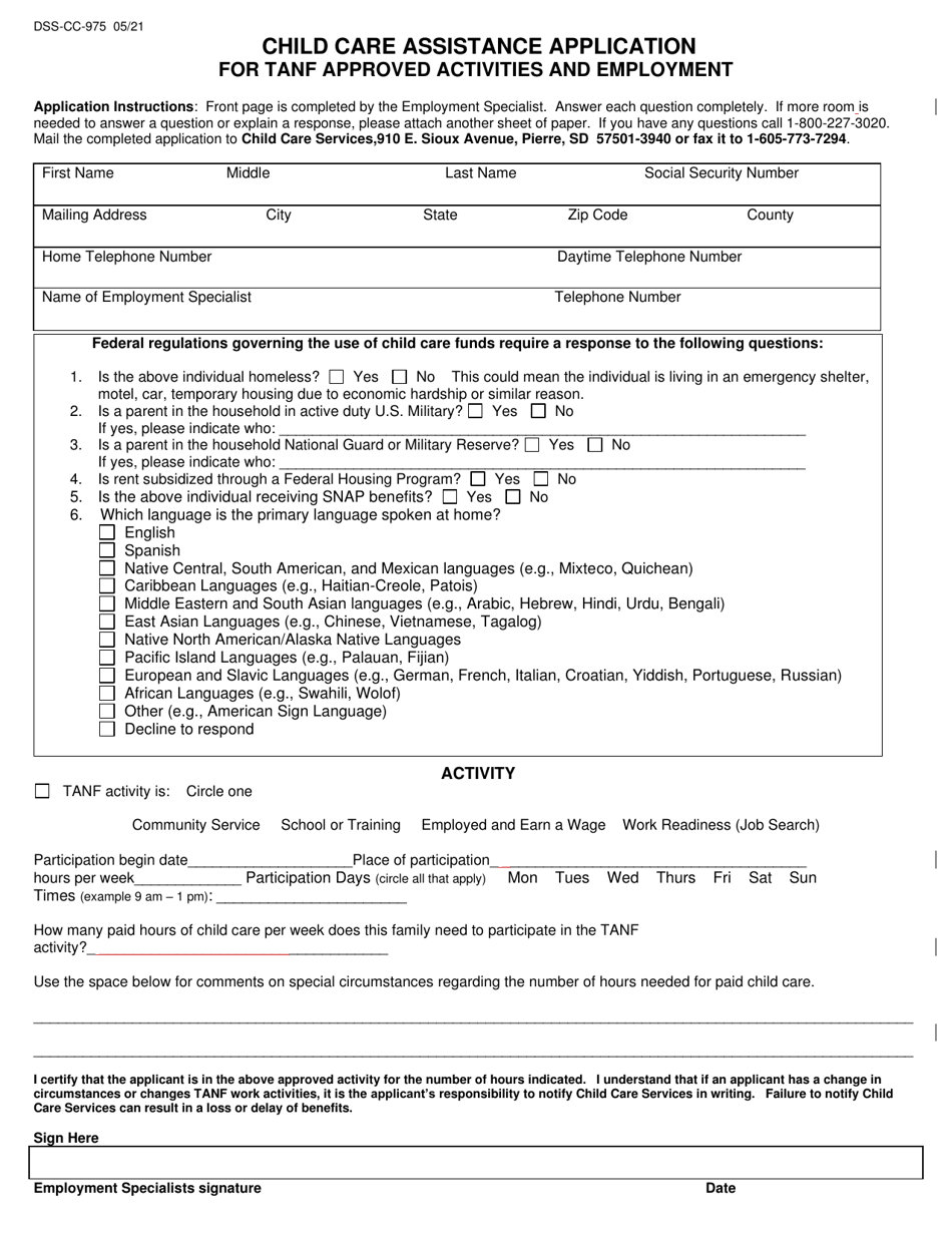 Form DSS-CC-975 Child Care Assistance Application for TANF Approved Activities and Employment - South Dakota, Page 1