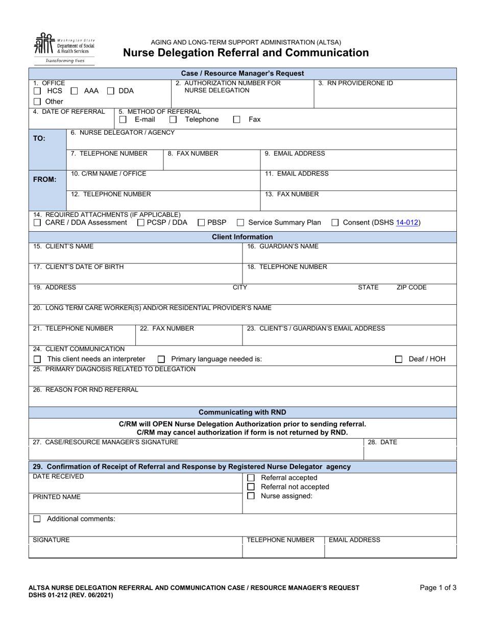 DSHS Form 01-212 Nurse Delegation Referral and Communication - Washington, Page 1