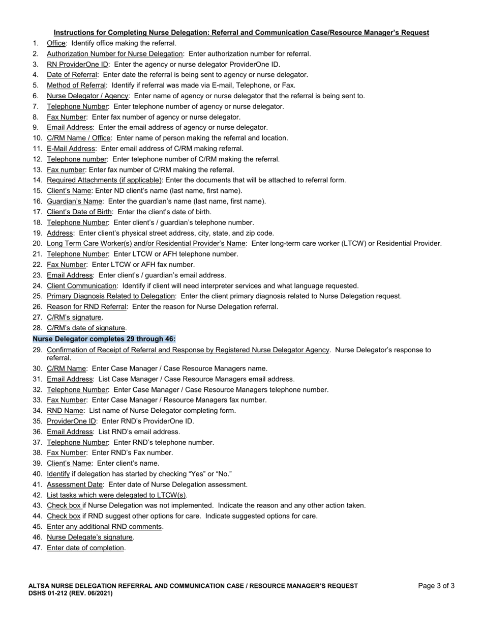 DSHS Form 01-212 Nurse Delegation Referral and Communication - Washington, Page 3