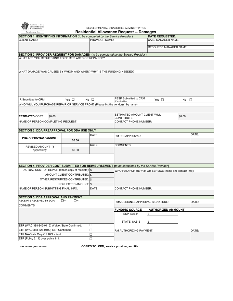 DSHS Form 06-125B Residential Allowance Request / Damages - Washington, Page 1