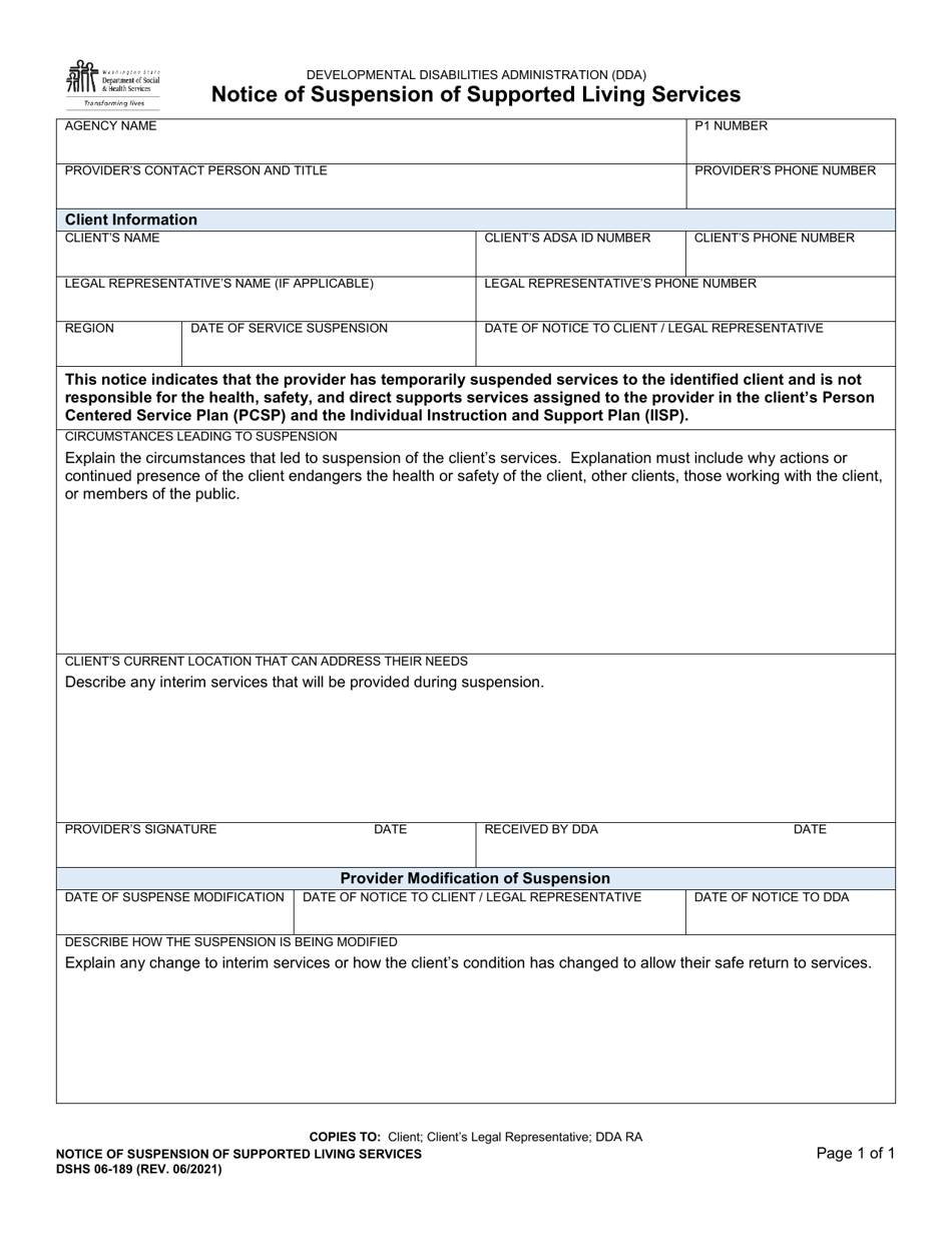 DSHS Form 06-189 Notice of Suspension of Supported Living Services - Washington, Page 1