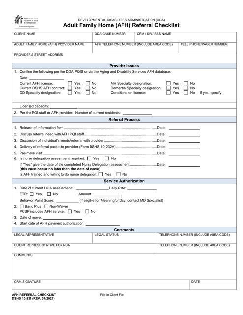 DSHS Form 10-231 Adult Family Home (Afh) Referral Checklist - Washington