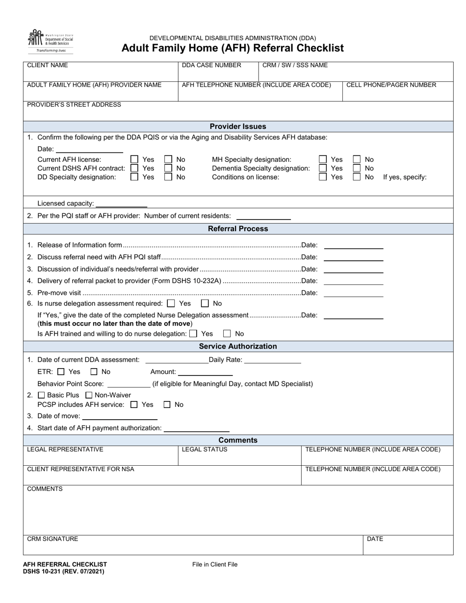 DSHS Form 10231 Download Printable PDF or Fill Online Adult Family