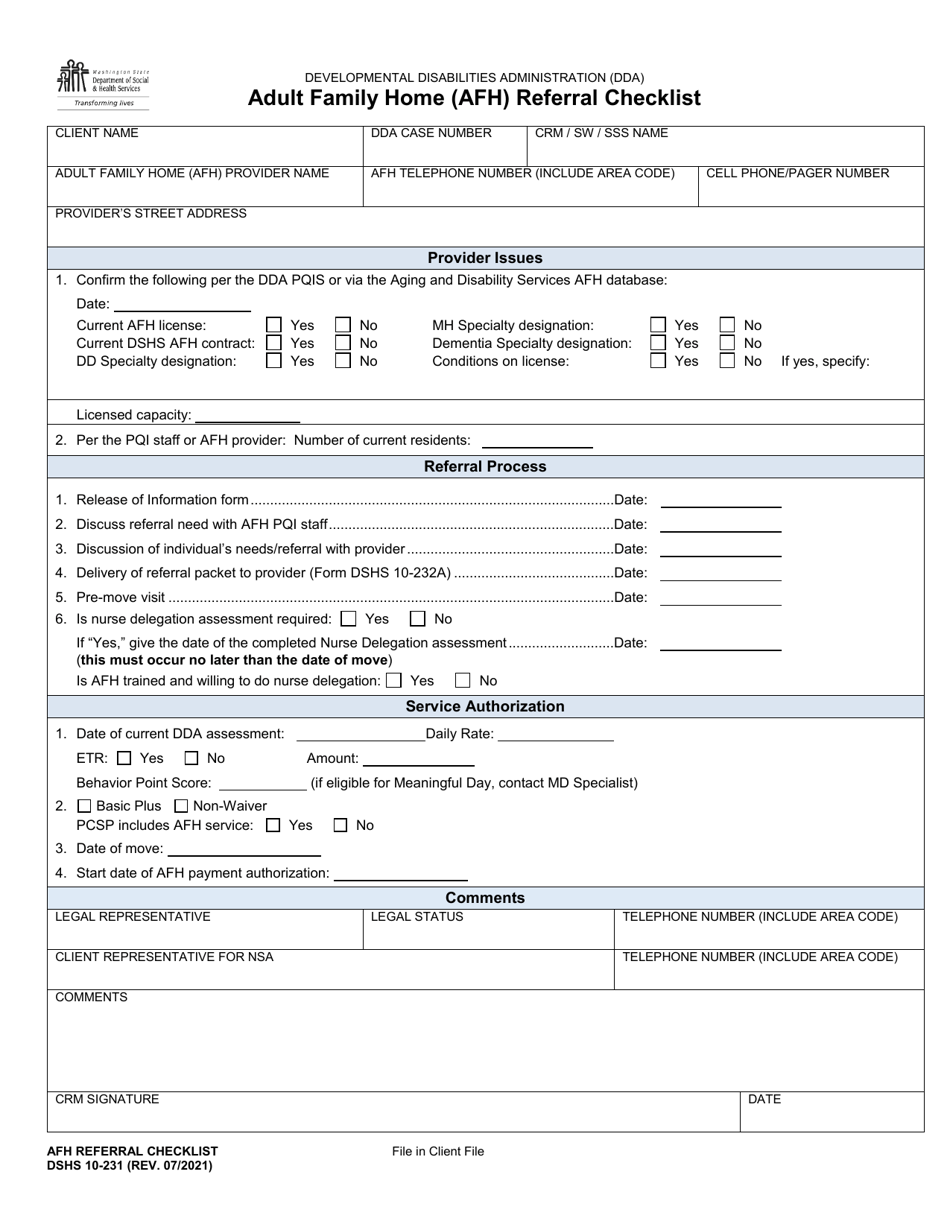 DSHS Form 10-231 Adult Family Home (Afh) Referral Checklist - Washington, Page 1