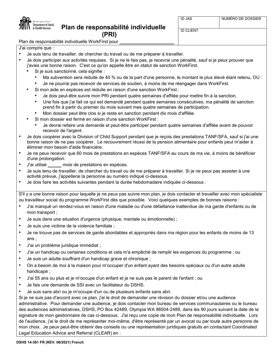 DSHS Form 14-381 Individual Responsibility Plan (Irp) - Washington (French), Page 1