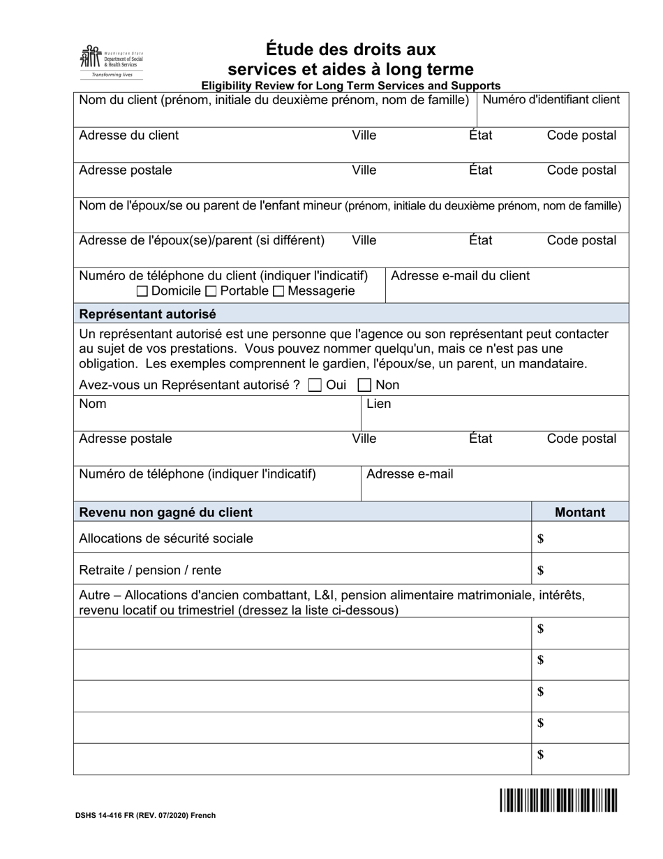 DSHS Form 14-416 Eligibility Review for Long Term Services and Supports - Washington (French), Page 1
