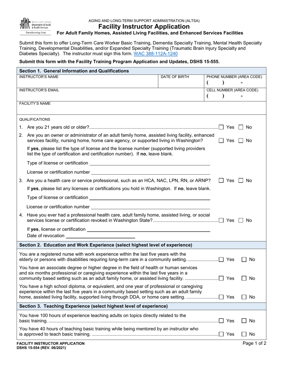 DSHS Form 15-554 Facility Instructor Application - Washington, Page 1