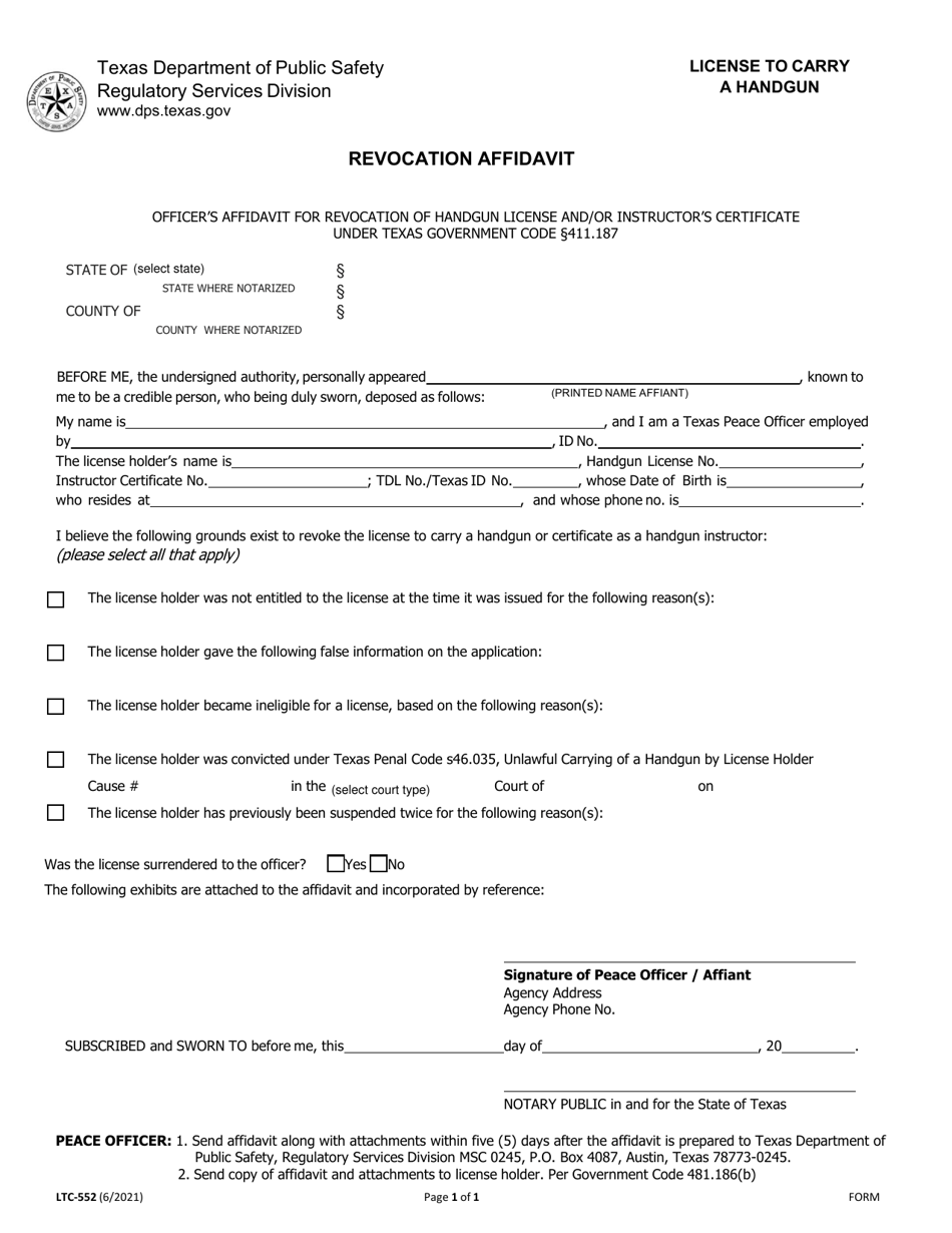 Form LTC-552 Revocation Affidavit - Texas, Page 1