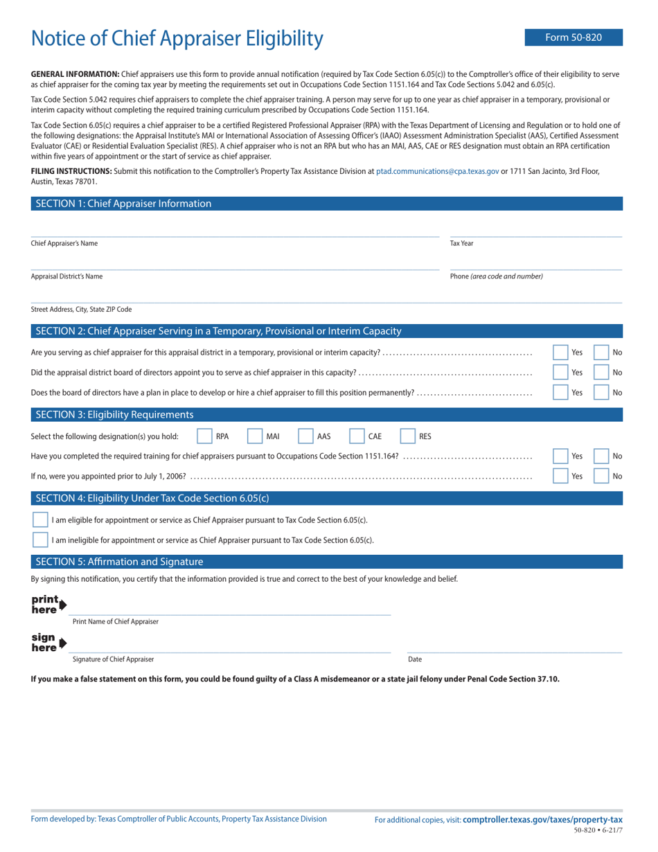 Form 50-820 Download Fillable PDF or Fill Online Notice of Chief ...