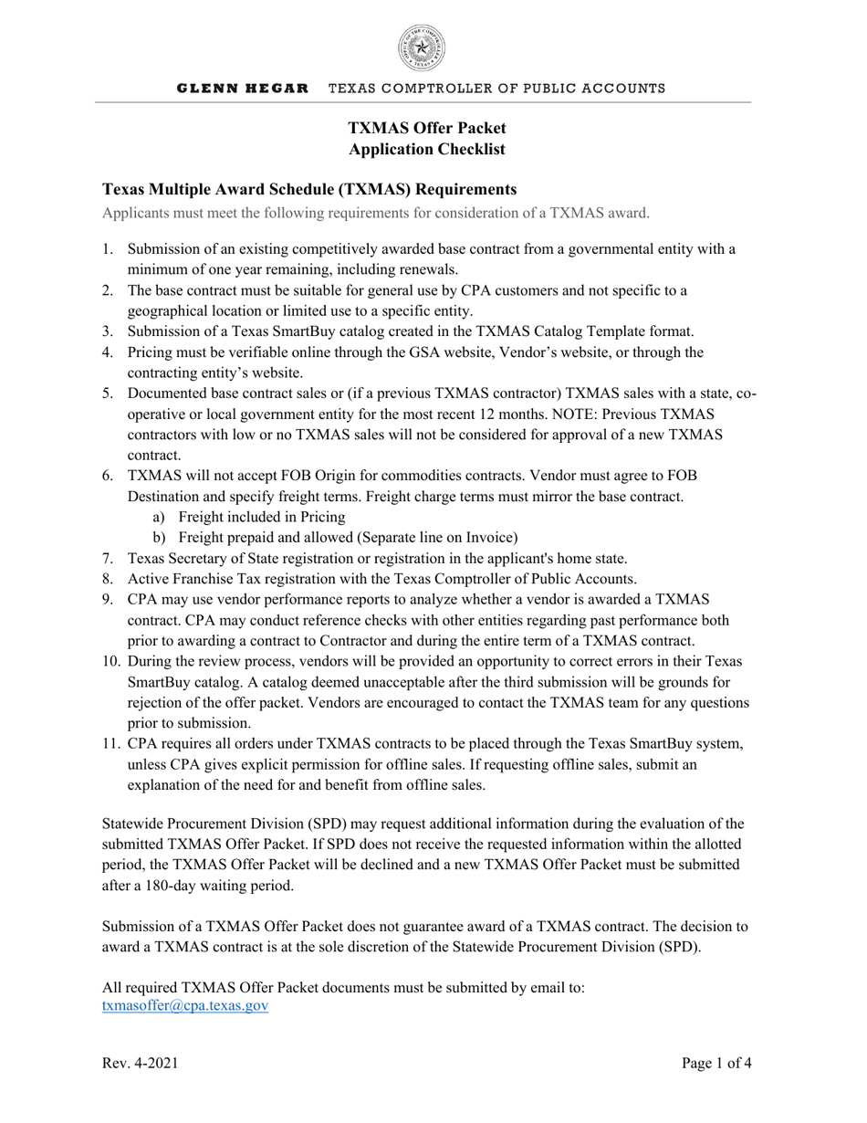 Txmas Offer Packet Application Checklist - Texas, Page 1