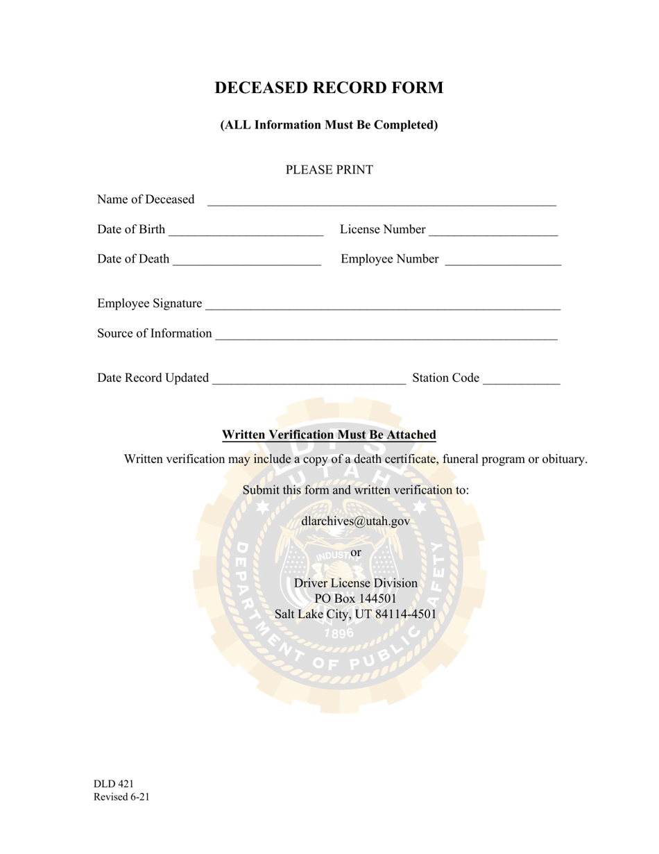 Form DLD421 Deceased Record Form - Utah, Page 1