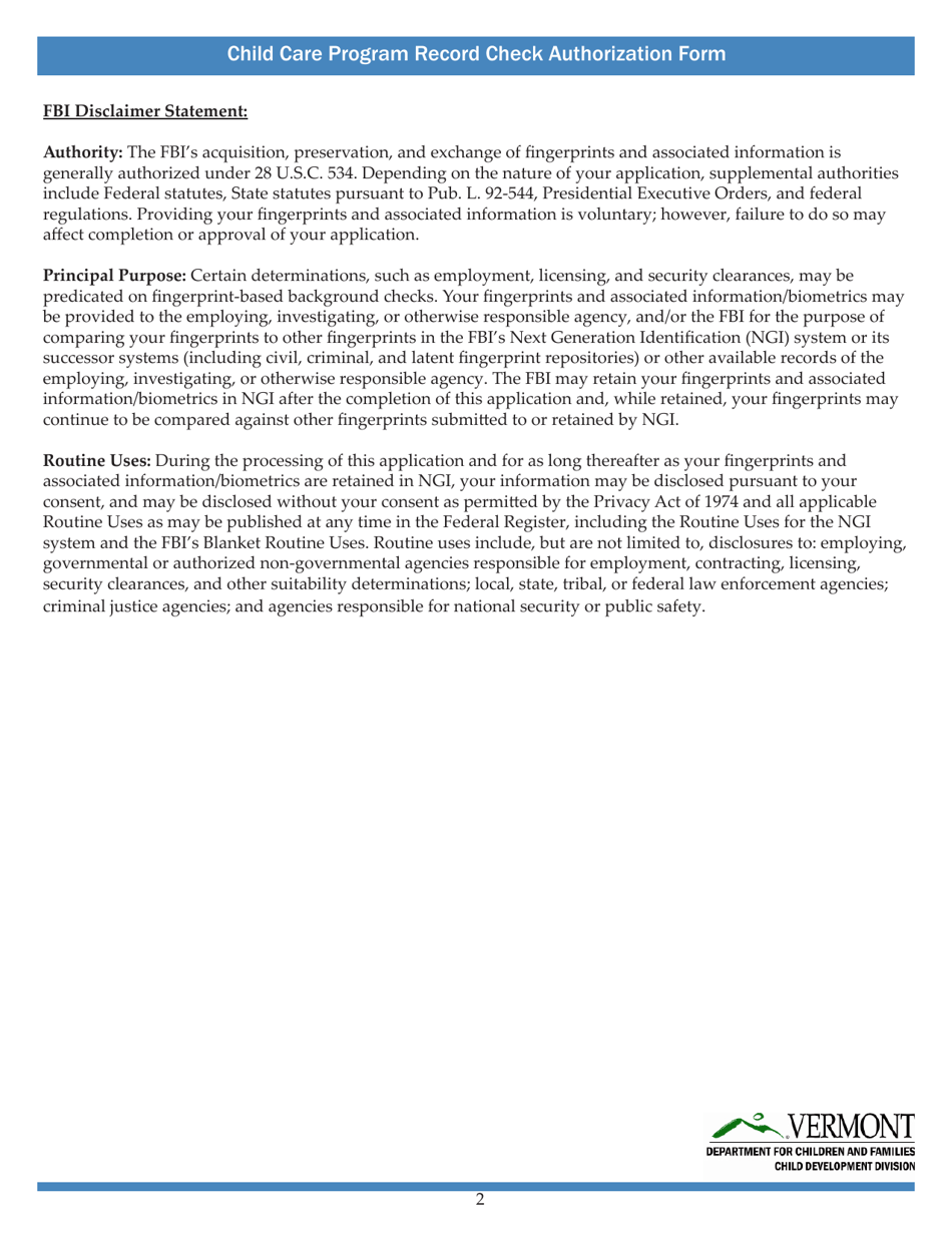 Child Care Program Record Check Authorization Form - Vermont, Page 2
