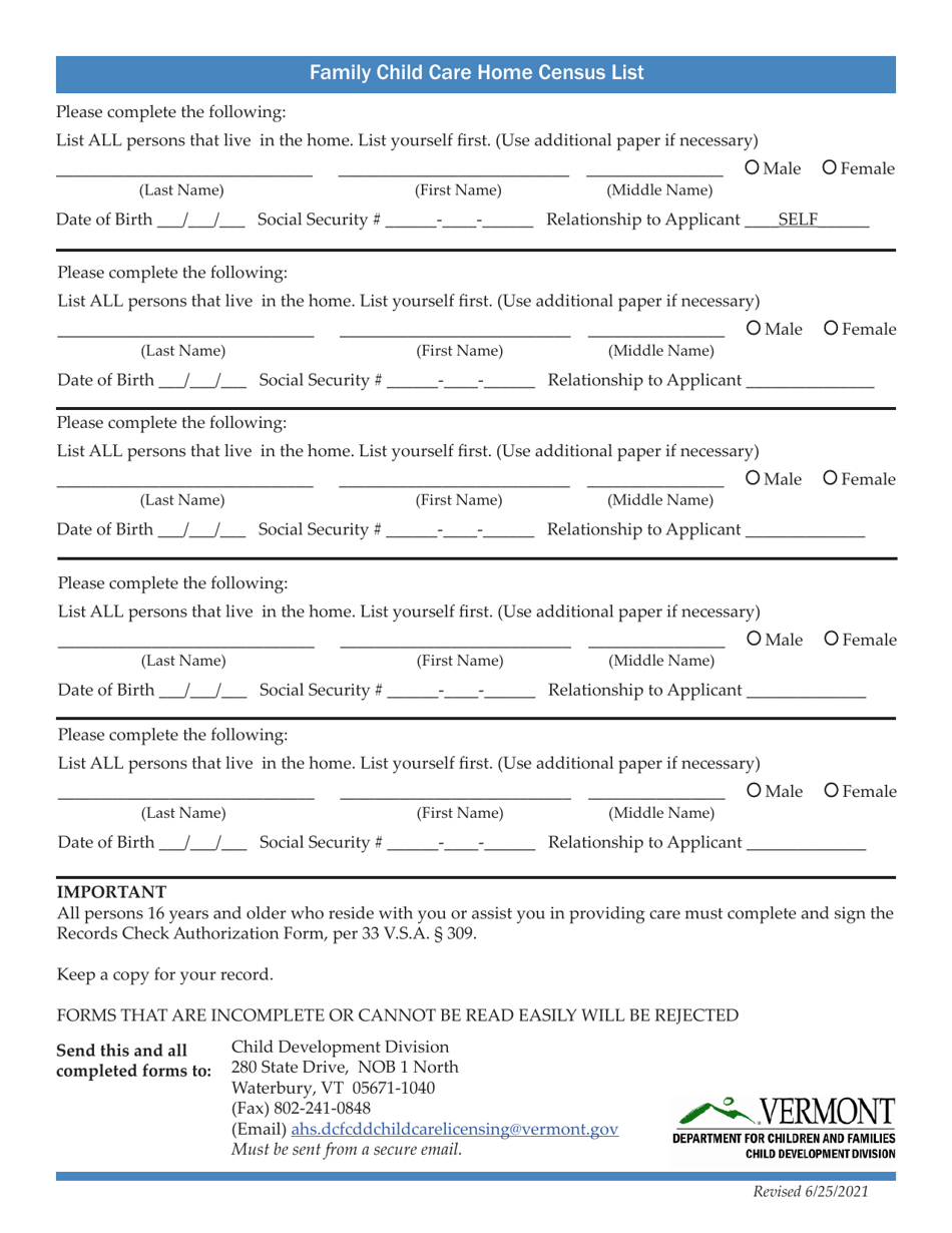 Family Child Care Home Census List - Vermont, Page 1