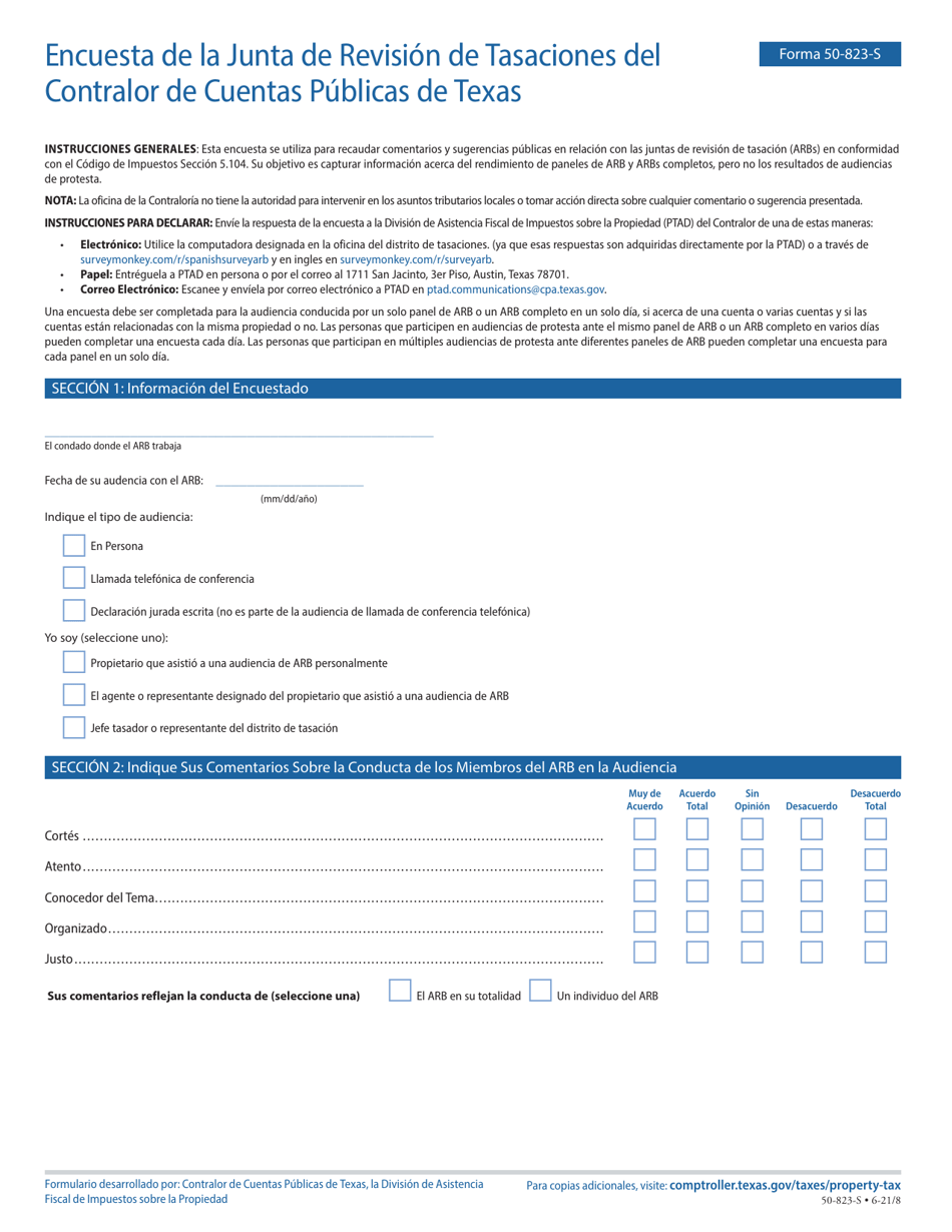 Formulario 50-823-S Encuesta De La Junta De Revision De Tasaciones - Texas (Spanish), Page 1