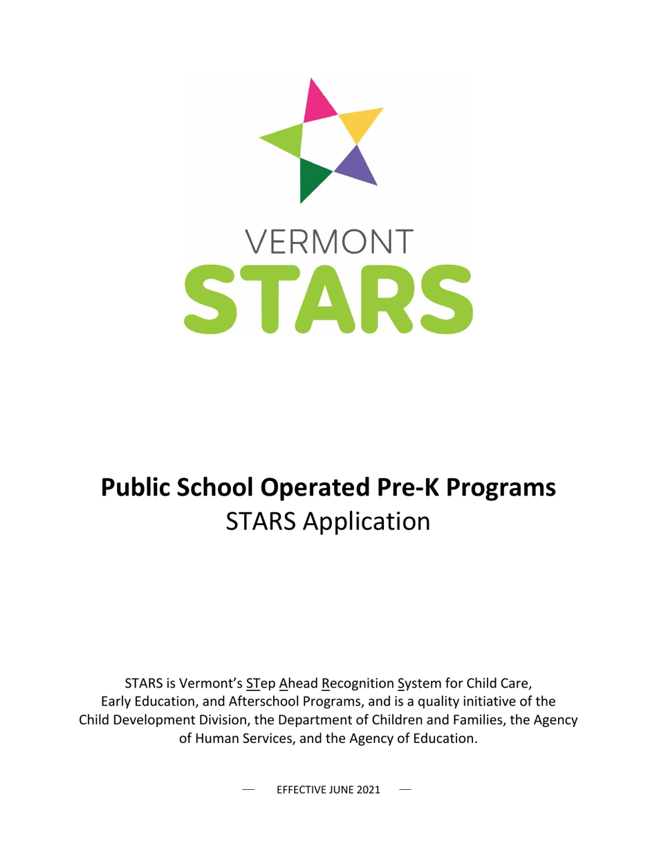 Public School Operated Pre-k Programs Stars Application - Vermont, Page 1