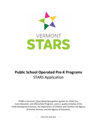 Document preview: Public School Operated Pre-k Programs Stars Application - Vermont