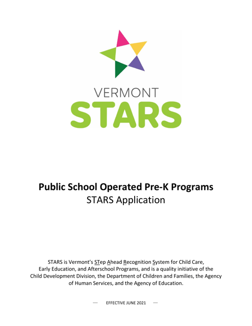 Public School Operated Pre-k Programs Stars Application - Vermont Download Pdf