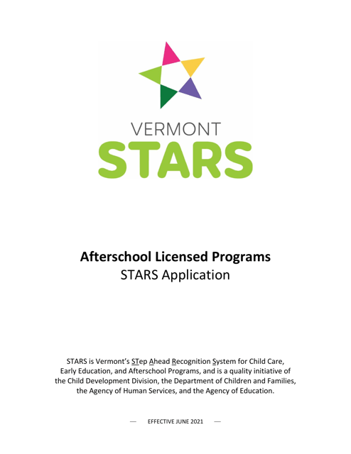 Afterschool Licensed Programs Stars Application - Vermont