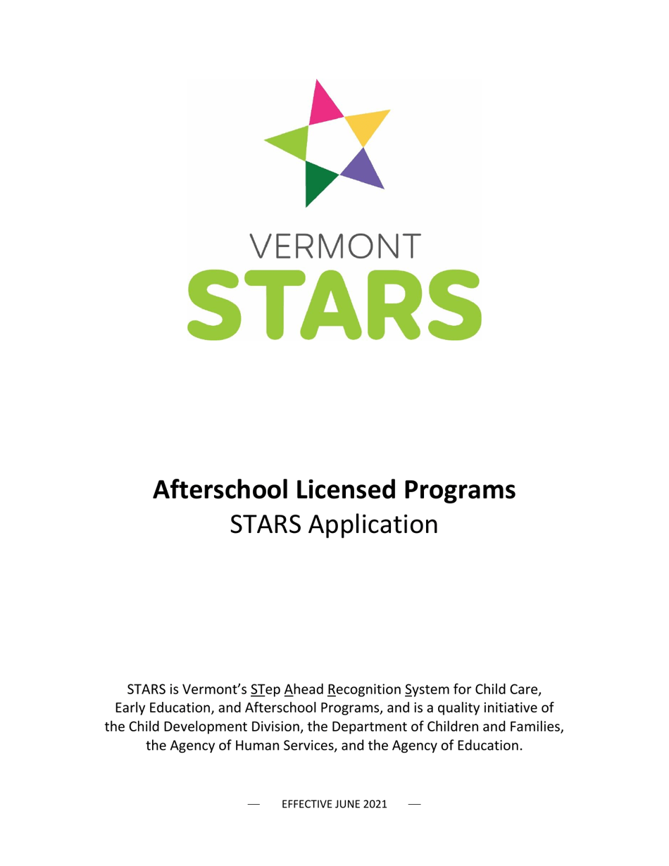 Afterschool Licensed Programs Stars Application - Vermont, Page 1