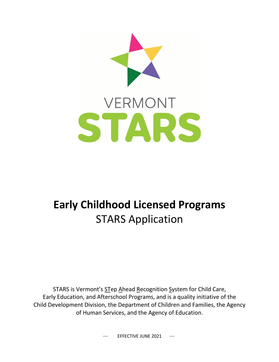 Early Childhood Licensed Programs Stars Application - Vermont, Page 1
