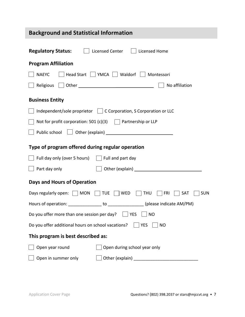 Early Childhood Licensed Programs Stars Application - Vermont, Page 7