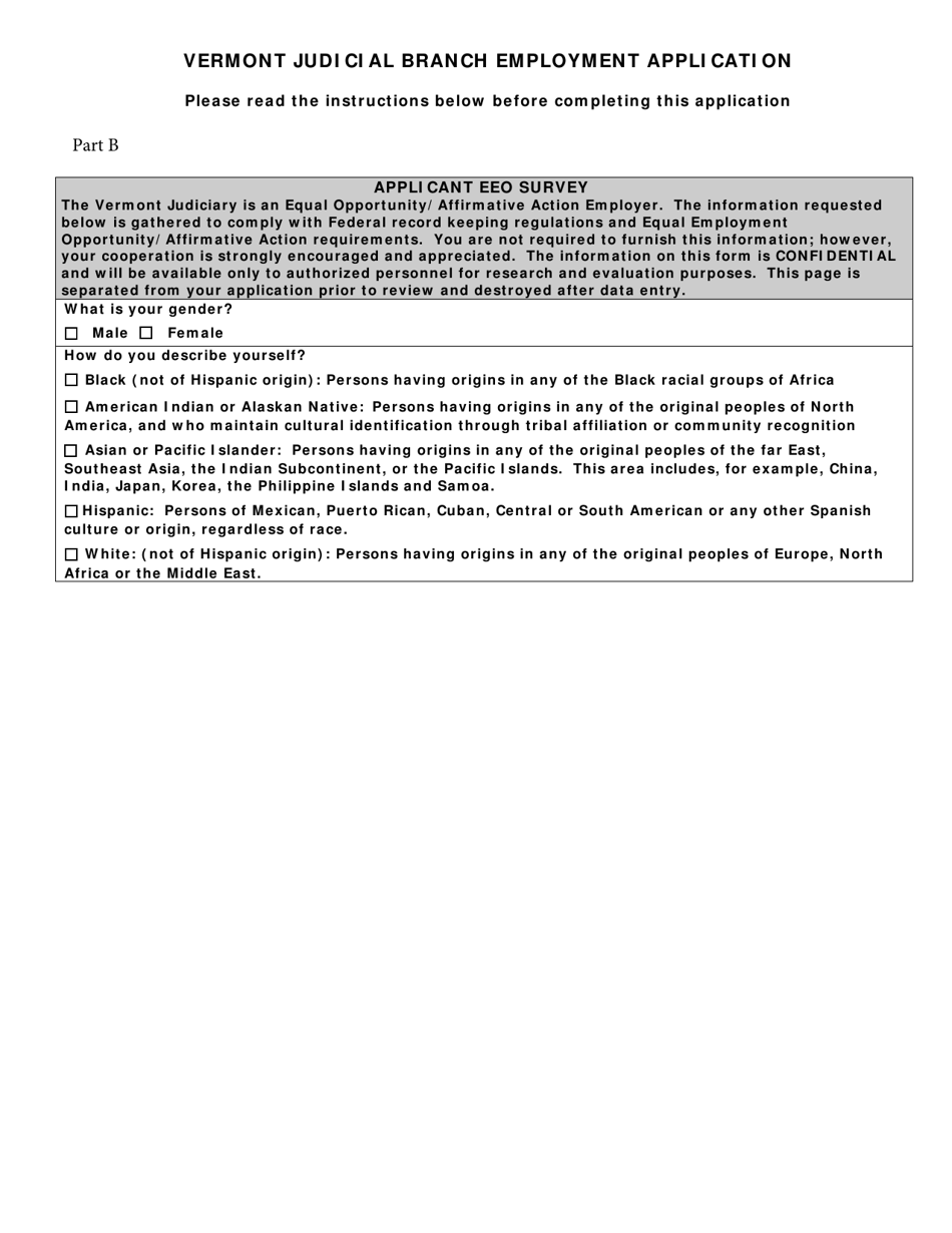 Part B Vermont Judicial Branch Employment Application - Vermont, Page 1