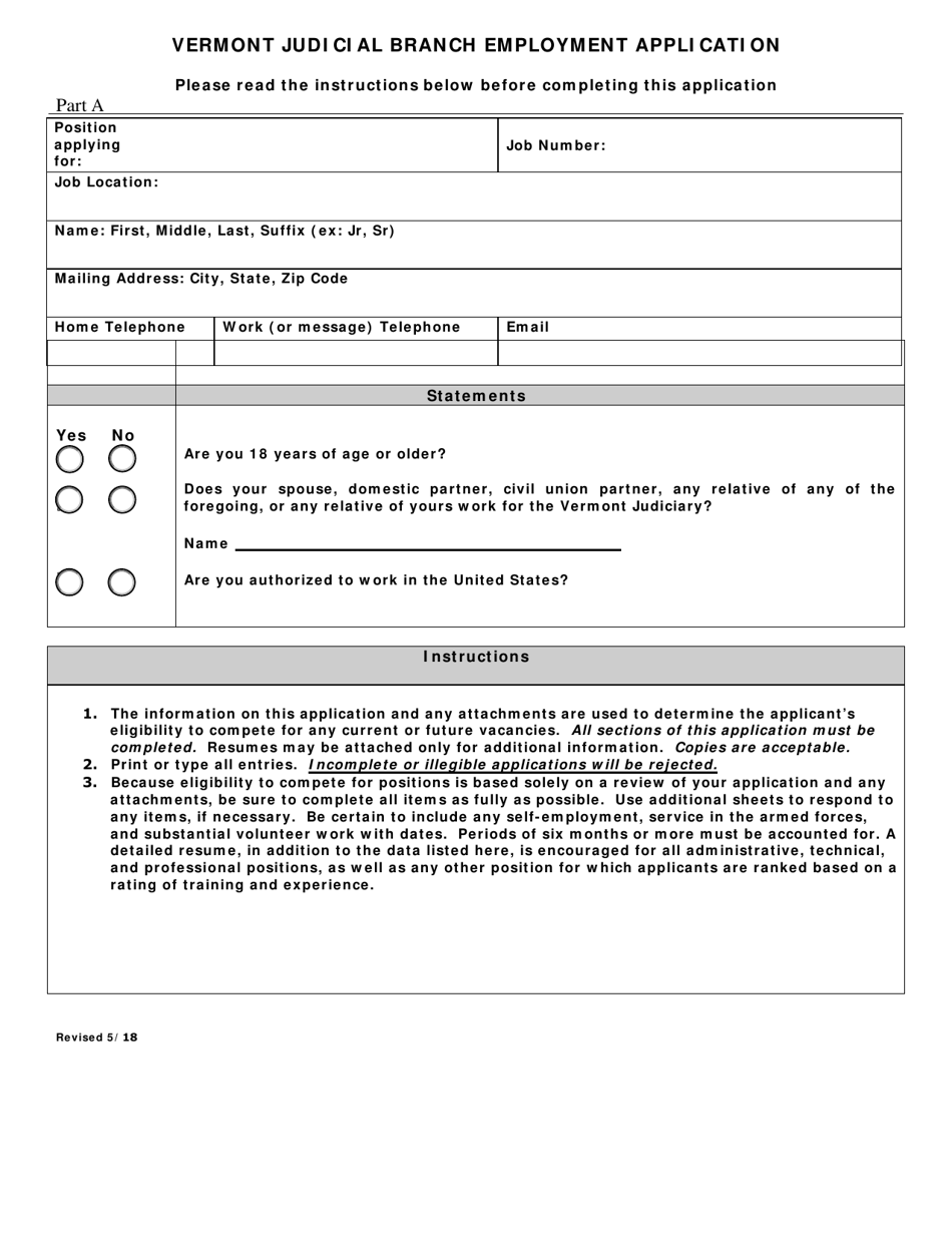 Part A Vermont Judicial Branch Employment Application - Vermont, Page 1
