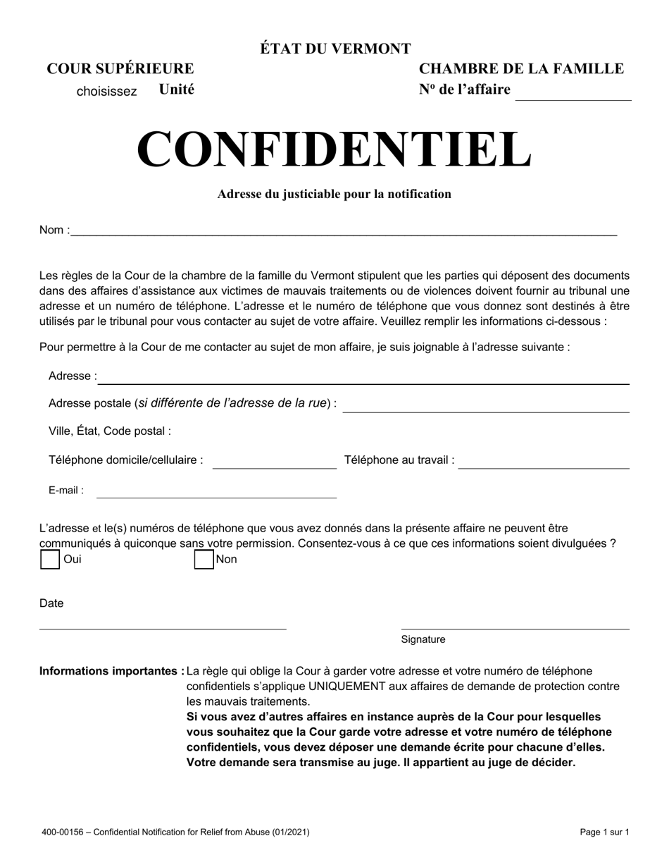 Form 400-00156 Confidential Notification for Relief From Abuse - Vermont (French), Page 1