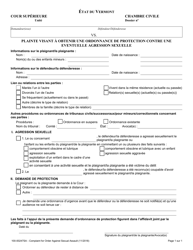 Document preview: Form 100-00247SA Complaint for Order Against Sexual Assault - Vermont (French)