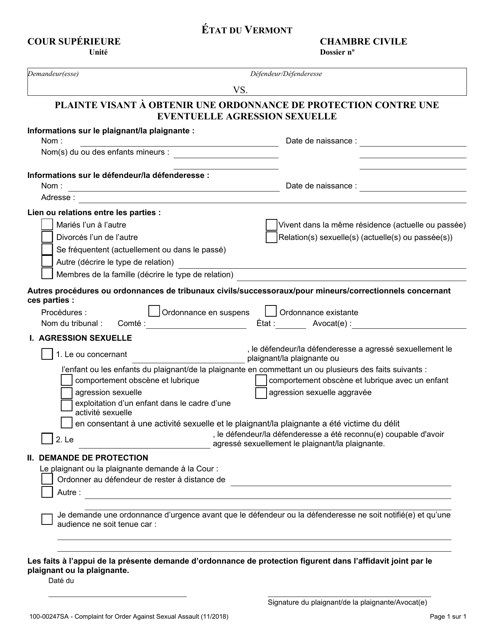 Form 100-00247SA Complaint for Order Against Sexual Assault - Vermont (French)