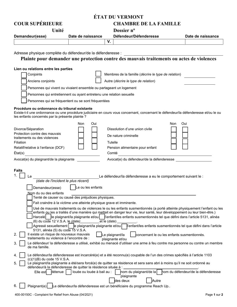 Form 400-00150C Complaint for Relief From Abuse - Vermont (French), Page 1