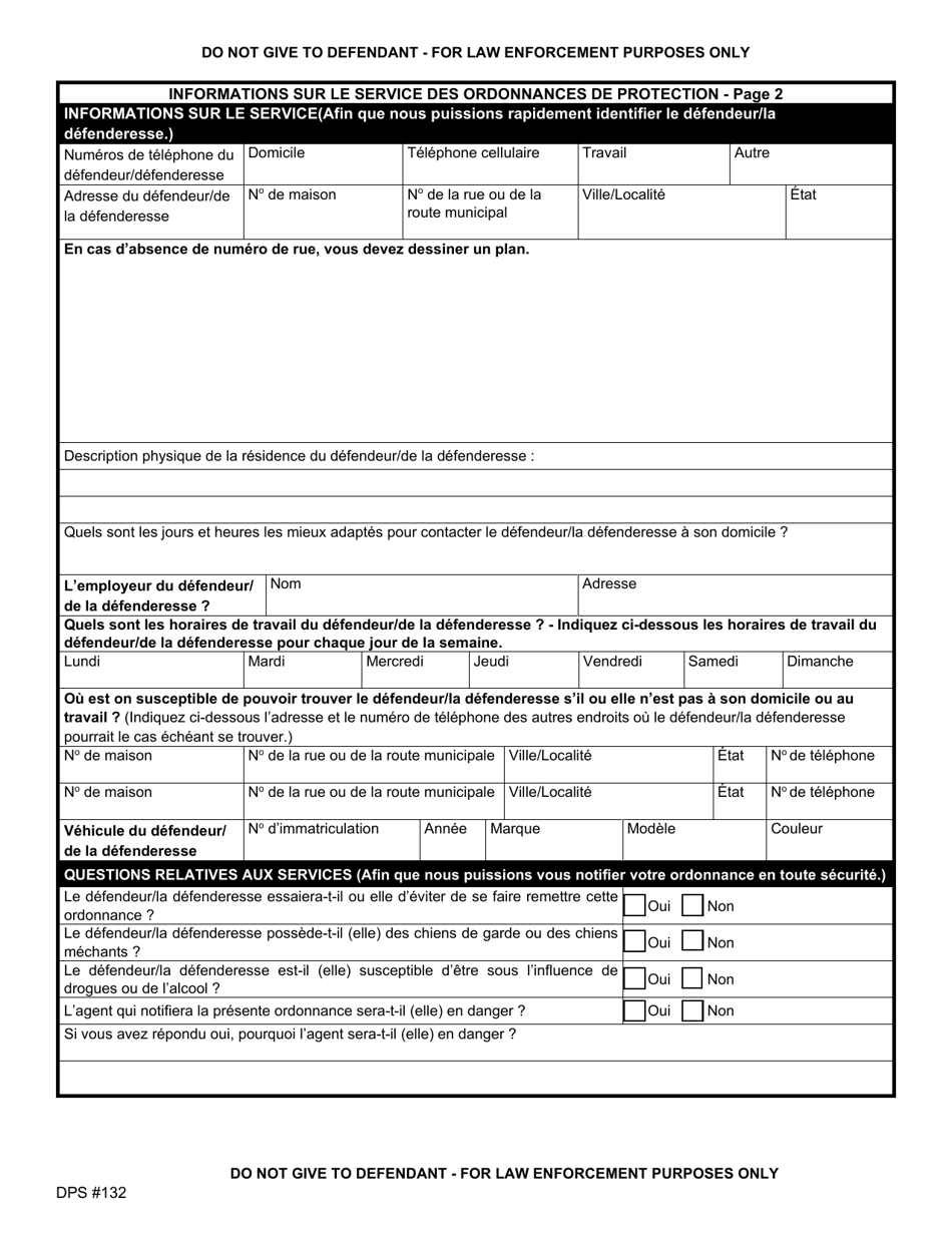 Form DPS132 Protection Order Service Information - Vermont (French), Page 2