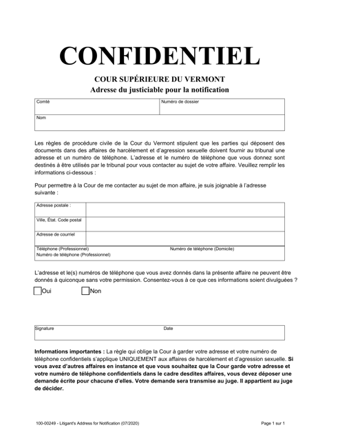 Form 100-00249 Confidential Address Form for Stalking or Sexual Assault - Vermont (French)