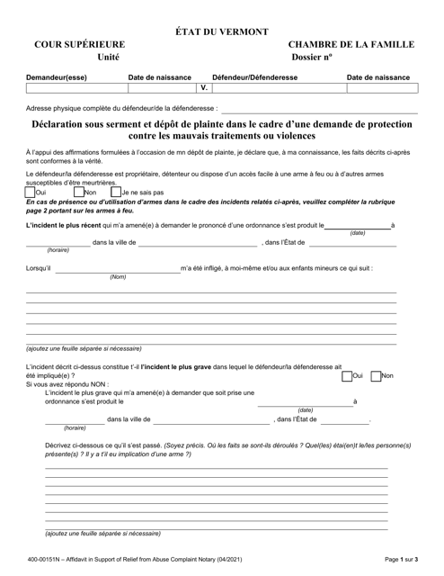 Form 400-00151N Affidavit in Support of Relief From Abuse Complaint - Vermont (French)