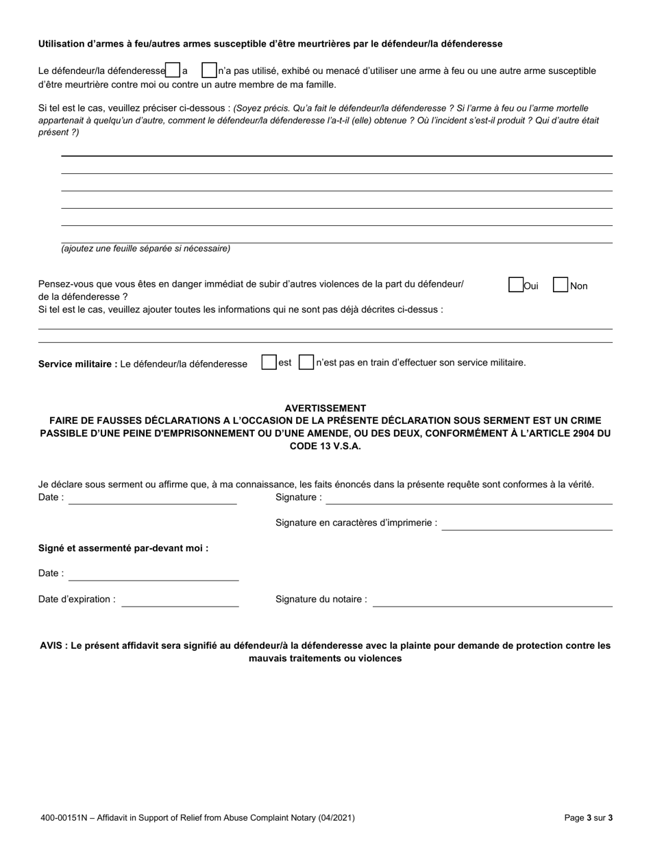 Form 400-00151N Affidavit in Support of Relief From Abuse Complaint - Vermont (French), Page 3