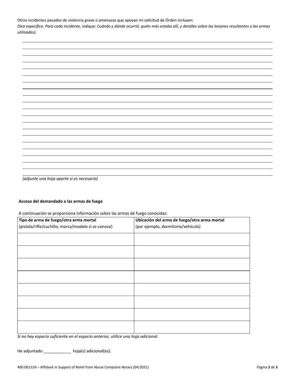 Formulario 400-00151N Declaracion Jurada En Apoyo De La Demanda De Reparacion Del Maltrato - Vermont (Spanish), Page 2