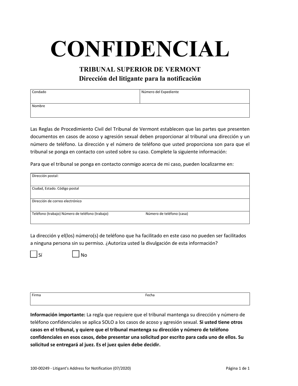 Formulario 100-00249 Direccion Del Litigante Para La Notificacion - Vermont (Spanish), Page 1