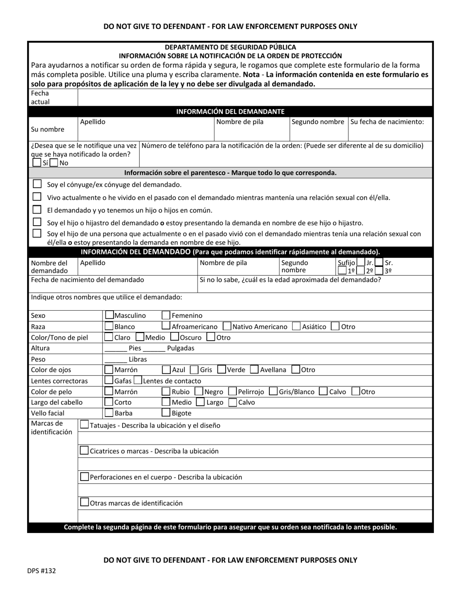 Formulario DPS132 Informacion Sobre La Notificacion De La Orden De Proteccion - Vermont (Spanish), Page 1